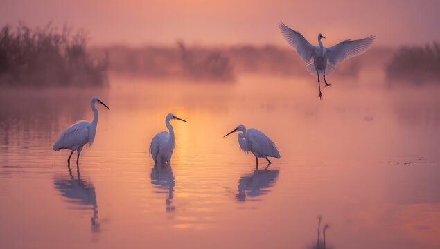 Beautiful lake scene with white egrets and colorful sunset sky