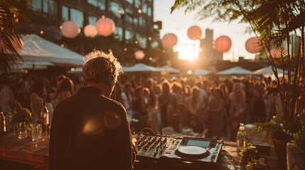 DJ performing on a vibrant rooftop venue with crowd