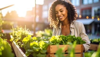 Woman tending to plants in a raised garden bed