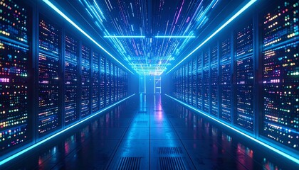 Massive cyberpunk data center with endless glowing servers, pulsating energy grids, and streams of neon light running across walls