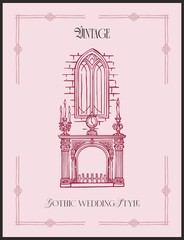 Gothic wedding - modern poster made in linear pen with frame and text. Aesthetic, whimsical illustration in burgundy colors for wedding design, interiors, branding