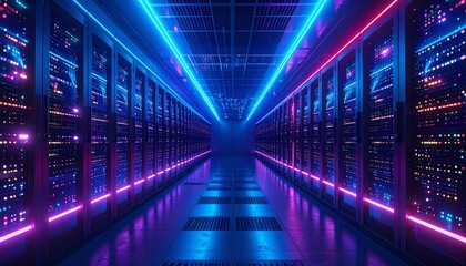 Fototapeta premium Massive cyberpunk data center with endless glowing servers, pulsating energy grids, and streams of neon light running across walls.