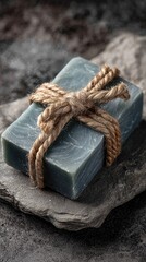 Dark gray soap tied with a natural rope