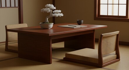 Japanese interior shows wooden table, bonsai tree, and tatami mats. Features soft lighting for product staging, branding, and lifestyle content.