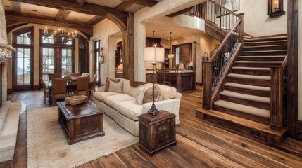 Luxurious living room with wooden details, fireplace, staircase, and dining area visible. Natural light floods the space