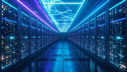 Massive cyberpunk data center with endless glowing servers, pulsating energy grids, and streams of neon light running across walls