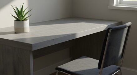 Neutral gray desktop reflects sunlight. Wood grain textures create a calming atmosphere for product staging, desk mockups, and study posters.