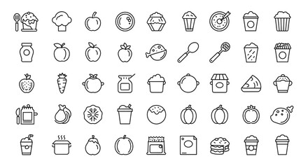 Fototapeta premium A comprehensive collection of line art icons featuring various foods, healthy fruits, sweet desserts, and kitchenware essentials