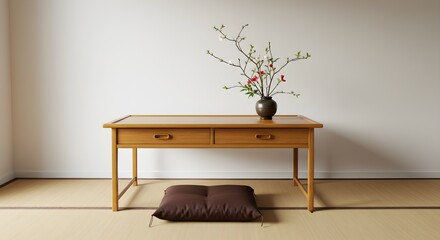 Warm wood table with flowers and cushion features minimal style and soft lighting. Ideal for zen lifestyle, product photography, or room interior.