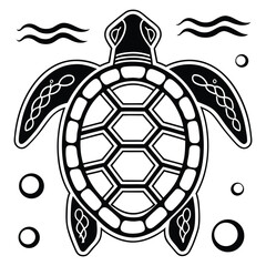 Obraz premium Artistic black and white outline of a sea turtle with celtic knot patterns and bubbles
