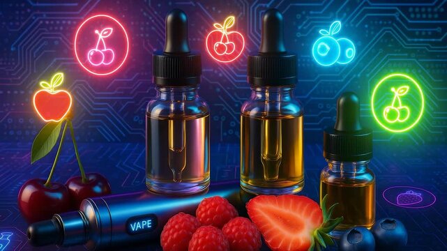 Fruit flavored vape liquid bottles with neon glowing fruit signs, strawberries, cherries, blueberries and raspberries on circuit board