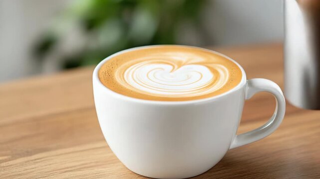 Creamy latte swirls in white cup, showcasing beautiful coffee art on wooden table