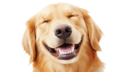 Joyful golden retriever dog with eyes closed and mouth open isolated on transparent background