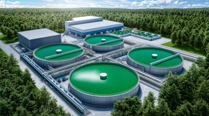 Aerial view of renewable energy campus with biomass algae photobioreactor installations, blending modern architecture and eco friendly green energy technologies for biofuel production