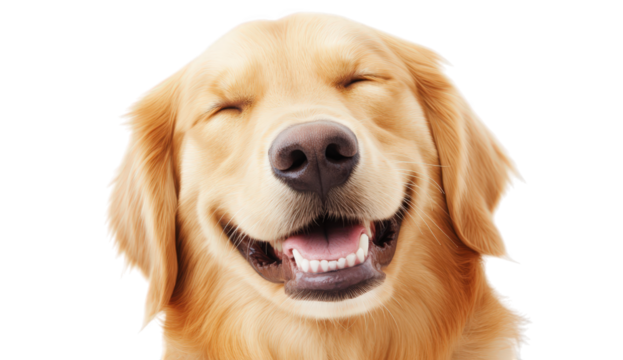 Joyful golden retriever dog with eyes closed and mouth open isolated on transparent background