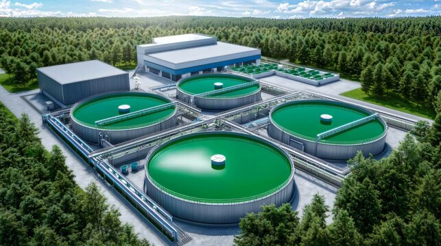 Aerial view of renewable energy campus with biomass algae photobioreactor installations, blending modern architecture and eco friendly green energy technologies for biofuel production