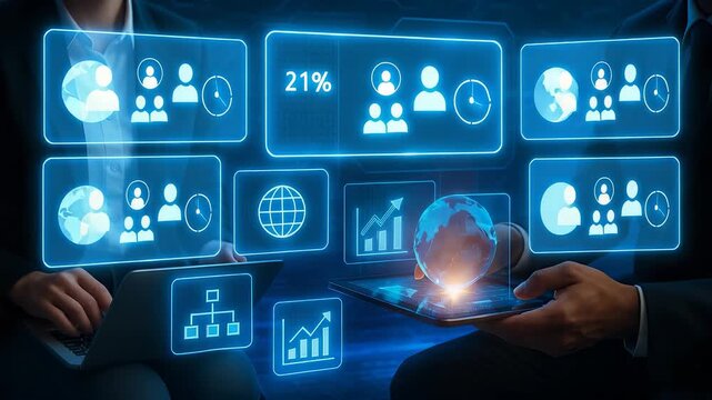 Business professionals analyzing global workforce data with digital holographic charts, growth statistics, and interactive analytics interface