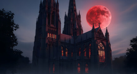 Obraz premium An ancient gothic cathedral illuminated by a haunting red blood moon on a foggy night