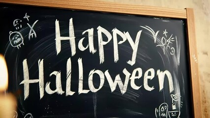Chalkboard announcement wishing a Happy Halloween with candlelight and decorative elements suitable for spooky themed