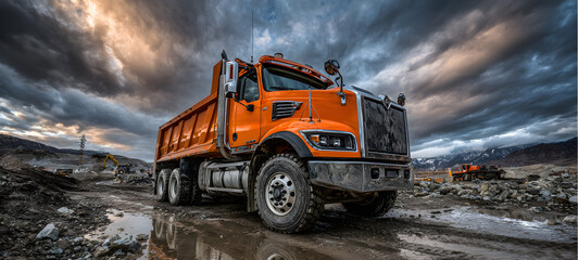 The heavy-duty dump truck at a vibrant construction site under a dramatic sky.