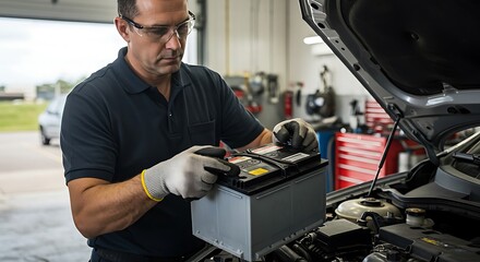 Auto Mechanic Replacing Car Battery in Garage
