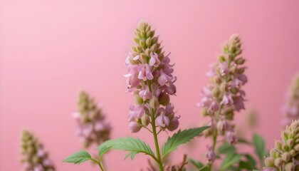 Obraz premium Close-Up Catnip Blossoms Against Soft Pink Background | Botanical Photography of Catmint Flowers, Herbal Plant Macro, Natural Pet Herb, Delicate Floral Aesthetic, Healing Garden Inspiration