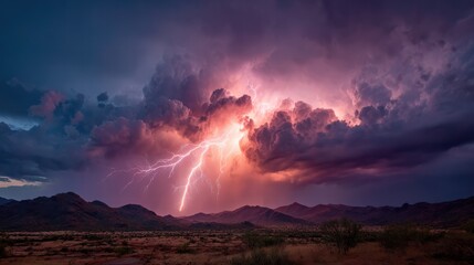 lightning strike across storm clouds over city skyline at night time view