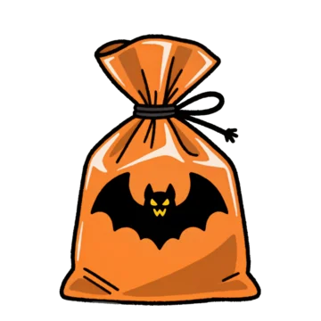 Halloween candy bag with bat design retro spooky style on transparent background