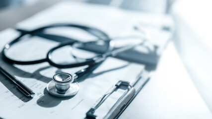 Health insurance concept. Healthcare and medical care. Life insurance policy. Medicine, Hospital, Stethoscope, Doctor. Patient business. Healthcare expense.