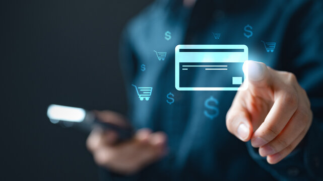 Credit card online shopping payment. Credit card electronics purchase consumer. E-commerce business. financial debt plan. Credit cashless paying. E commerce payment methods.