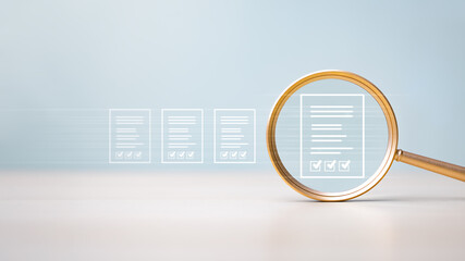 Magnifying glass document management checklist. Magnifying glass check mark approved. Audit...