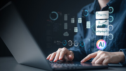 Artificial intelligence automation workflow process. Automated ai data analytics algorithm. Analysis flow chart diagram. Security protection. Automation business visualization. Technology background.