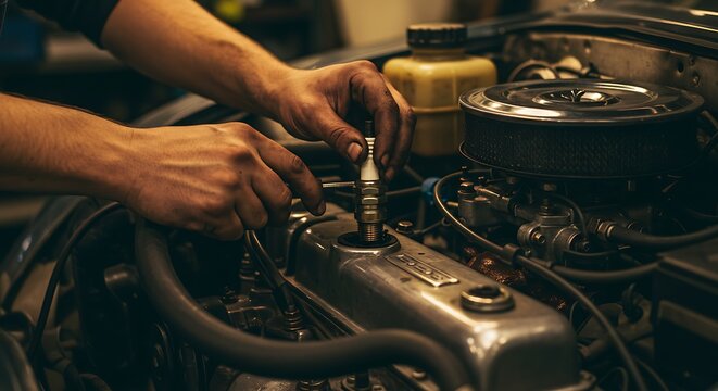 Auto Mechanic Replacing Spark Plug on Classic Car Engine