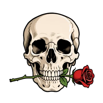 Retro skull biting rose flower spooky dark design on transparent background