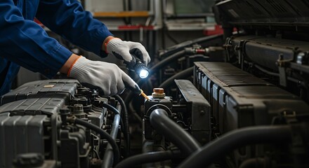 Auto Mechanic Inspecting Engine with Flashlight