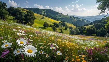 Obraz premium Blooming wildflower meadow with daisies on rolling green hills