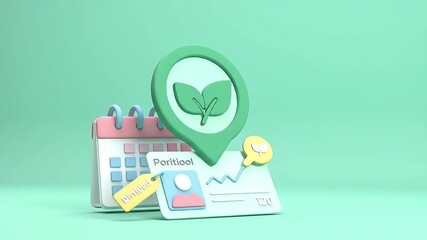 Animated 3D icons: Calendar profile card and eco-friendly location with data visualization and Divided tag.