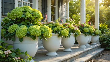 Fototapeta premium Beautiful White Planters with Green Hydrangeas and Colorful Flowers on Porch – Serene Outdoor Garden Decor in Afternoon Sunlight