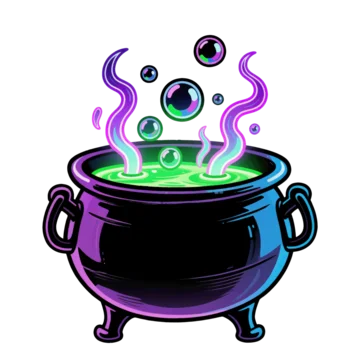 Bold neon witch cauldron with mystical potion on transparent background