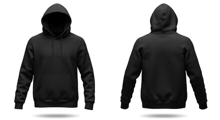 Blank black hoodie mockup with the hood up, showing isolated front and back views for apparel design.