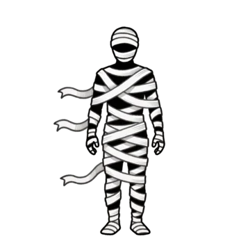 Halloween mummy with loose unraveling wraps on transparent background