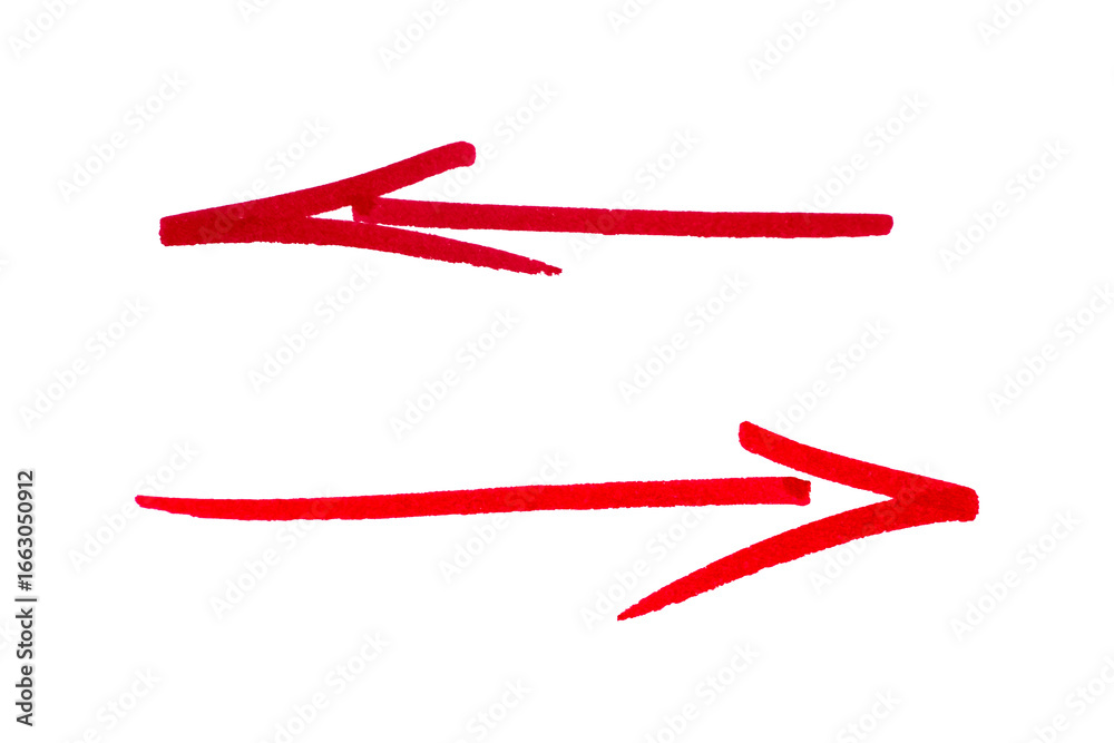 Wall mural set of arrow sign drawn with red marker on transparent background