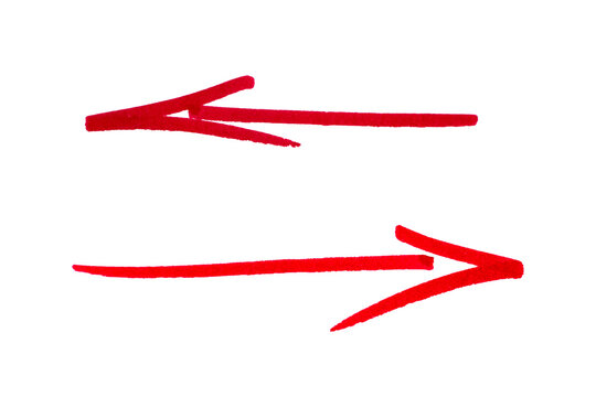Set of arrow sign drawn with red marker on transparent background