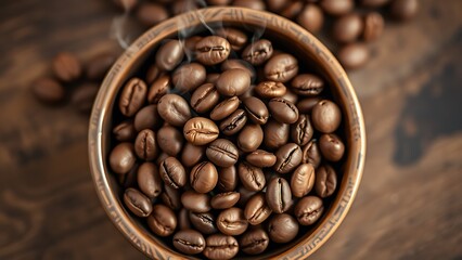 Fototapeta premium Freshly roasted coffee beans in a bowl, steaming with warmth, evoking a cozy rustic atmosphere.