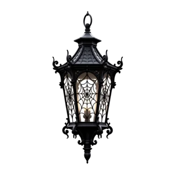 Vintage Halloween lantern with intricate spider web pattern on transparent background