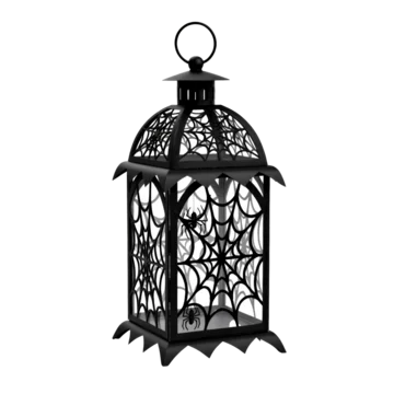 Retro lantern glowing with spider web details on transparent background