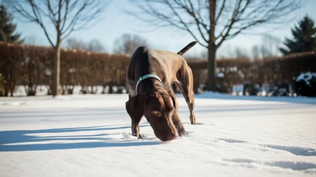 Brown dog sniffs snowy ground