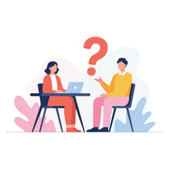 flat illustration of two people in consultation with laptop and question mark in calm abstract background