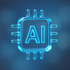 3D Glass AI Chip Icon with Neon Blue Glow