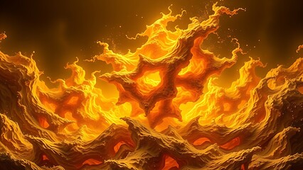 A gravity-defying golden fractal structure engulfed in chaotic energy waves, radiating molten brilliance.